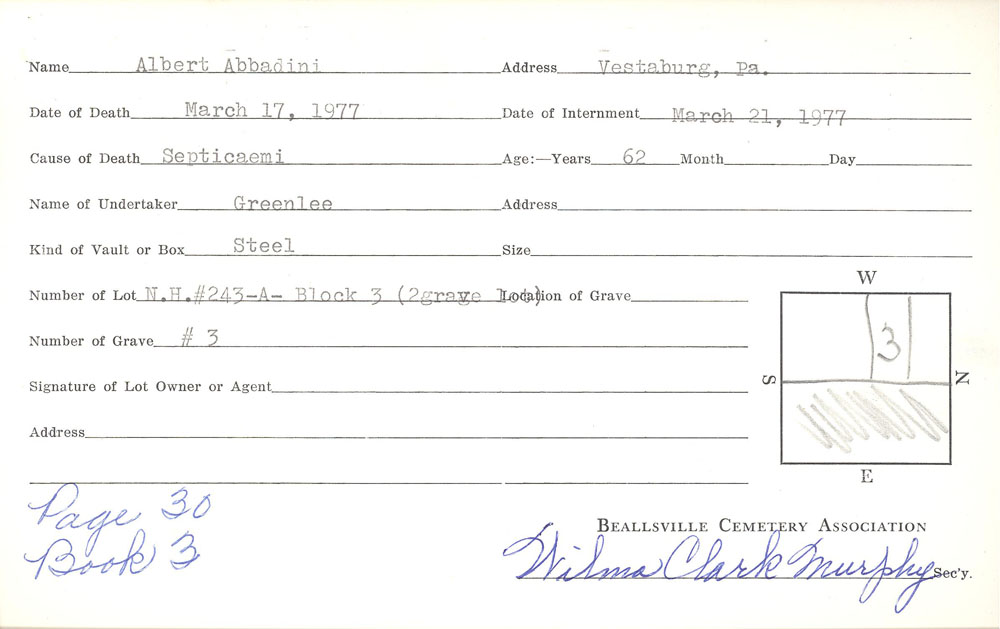 Albert Abbadini burial card
